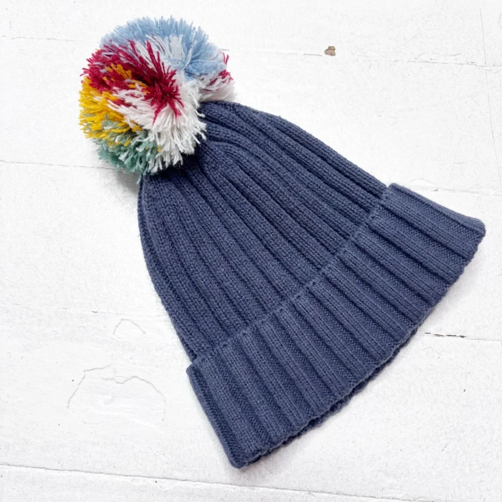 Hanna Andersson Blue Knit Pom Pom Beanie Size Small EUC